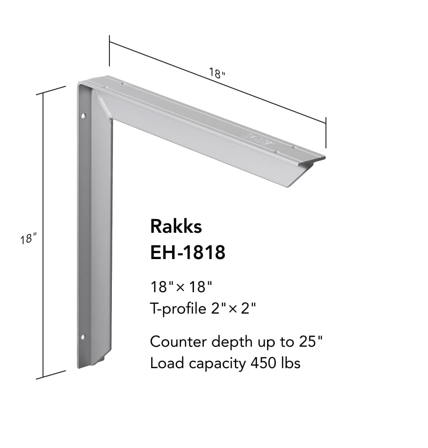 Rakks EH-1818 Countertop Bracket: silver metal, 18"x18" with 2"x2" T-profile. Heavy duty, supports counters up to 25" deep and loads up to 450 lbs. Simple line dimensions displayed.
