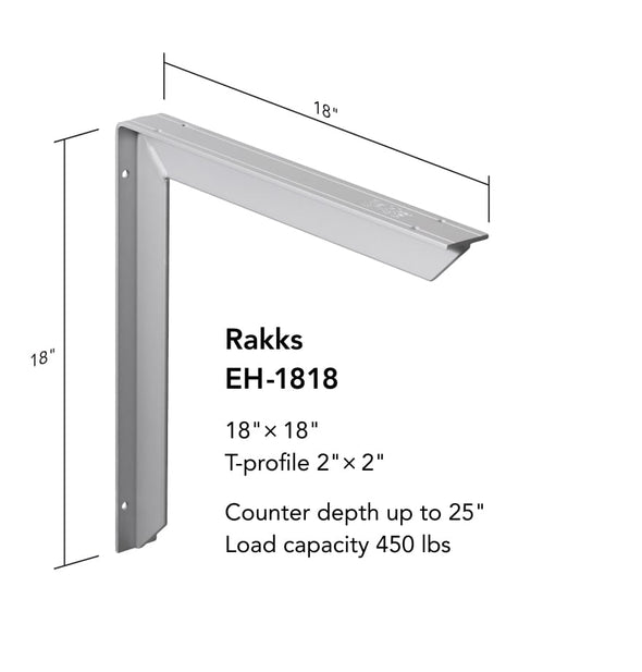Rakks EH-1818 Countertop Bracket: silver metal, 18"x18" with 2"x2" T-profile. Heavy duty, supports counters up to 25" deep and loads up to 450 lbs. Simple line dimensions displayed.
